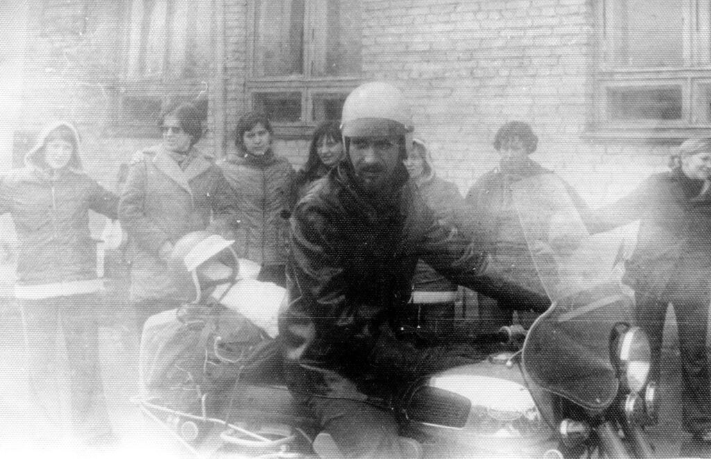 Valery Karagodin on a Jawa 350 motorcycle in the USSR.